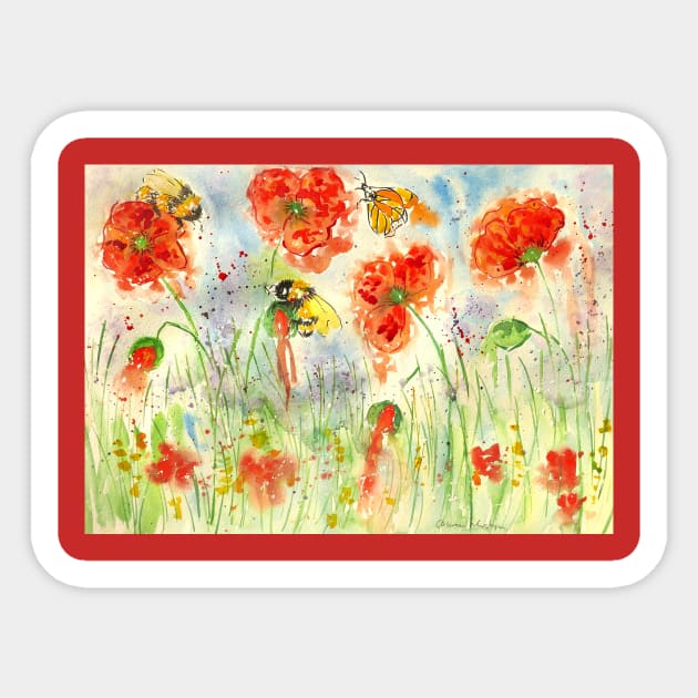 Bumblebees and a Butterfly among Crimson Poppies Sticker by Casimirasquirkyart